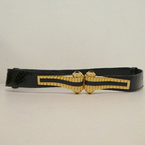 Judith Leiber black snakeskin adjustable belt onyx belt one size gold main image 4